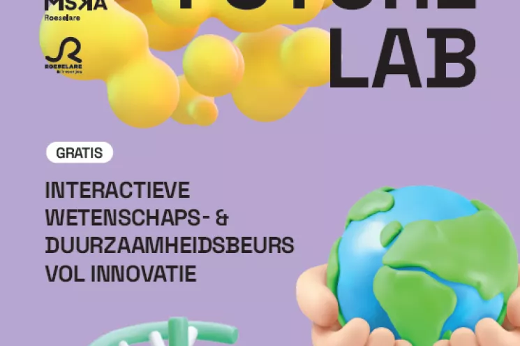 Wereldbol en DNA string tegen een lila achtergrond. Uitnodiging voor Future lab Roeselare