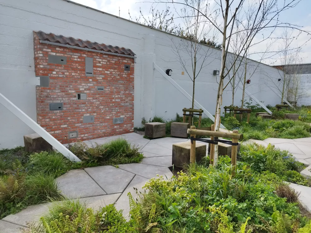 Binnentuin met zicht op demowand natuurinclusief bouwen